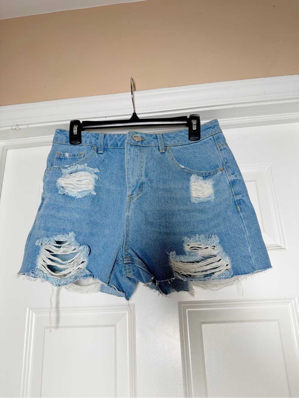 Fashion Nova Light Blue Distressed High-Rise Denim Shorts